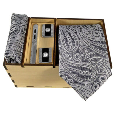 Ensemble Cravate, Pochette & Boutons de Manchette pour Homme – Gris Cendré de Luxe