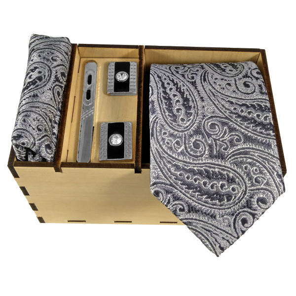 Ensemble Cravate, Pochette & Boutons de Manchette pour Homme - Gris Cendré de Luxe