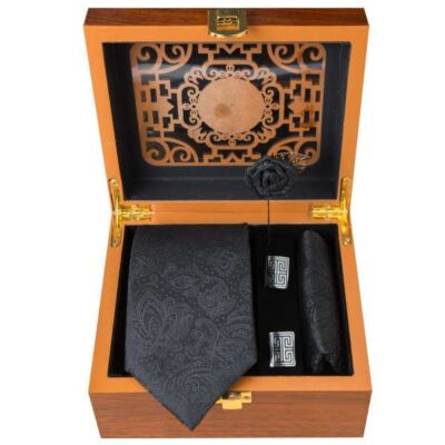 Ensemble Cravate, Pochette & Boutons de Manchette pour Homme – Noir de Luxe