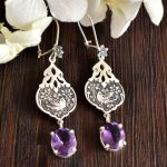 Boucles d’oreilles en argent persan Gravées avec Pierre d’Améthyste