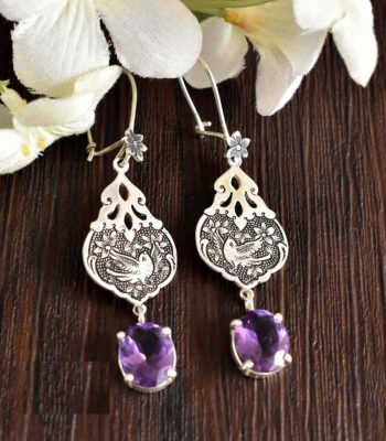 Boucles d’oreilles en argent persan Gravées avec Pierre d’Améthyste