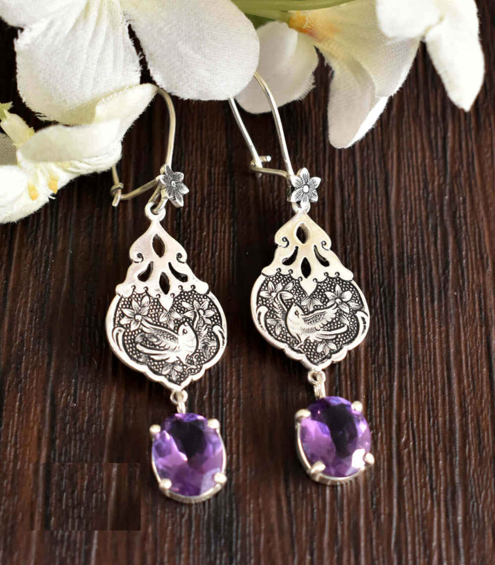 Boucles d'oreilles en argent persan Gravées avec Pierre d'Améthyste