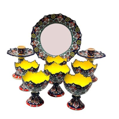 Set Haft-sin en céramique élégant Minakari pour Nowruz, le Nouvel An persan Jaune
