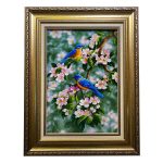 Tapis persan figuratif noué à la main de Tabriz représentant des fleurs et un moineau bleu