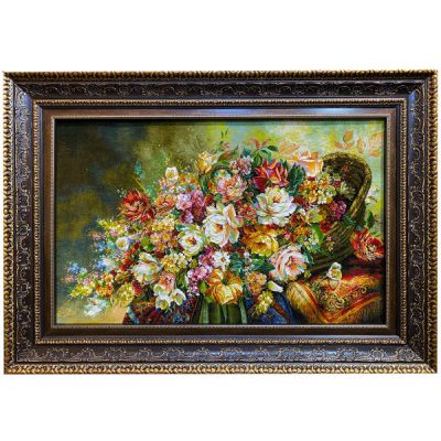Tapis persan figuratif noué à la main de Tabriz représentant des roses