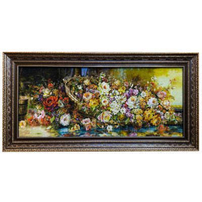 Tapis persan figuratif noué à la main de Tabriz représentant des fleurs