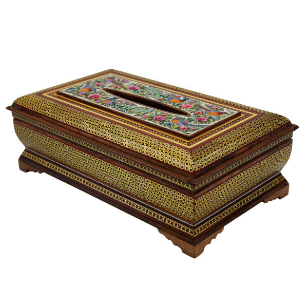 Couvercle de boîte à mouchoirs en bois persan fait main – Khatamkari Nafis II