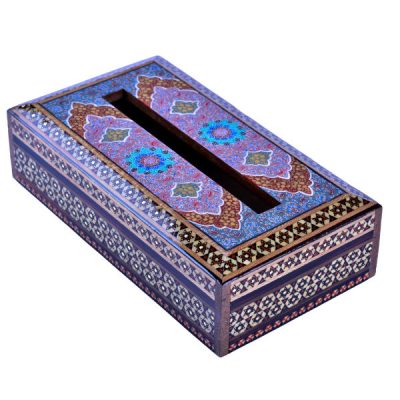 Couvercle de boîte à mouchoirs en bois persan fait main – Khatamkari Sky