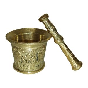 Mortier & Pilon en Laiton avec Motif Floral Persan Traditionnel Golden
