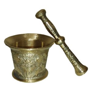 Mortier & Pilon en Laiton avec Motif Floral Persan Traditionnel Kermani