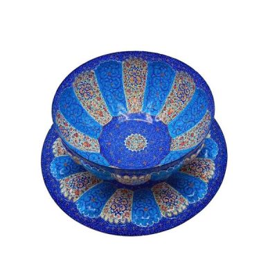 Bol et Assiette Décoratifs en Cuivre Peints à la Main avec de l’Émail Minakari Persan Eslimi