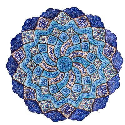 Assiette Décorative en Cuivre Peinte à la Main avec de l’Émail Minakari Persan Bleu Marine