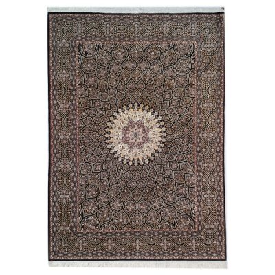 Tapis Persan en Soie à Médaillon Fait Main Isfahan Fond Noir Laine