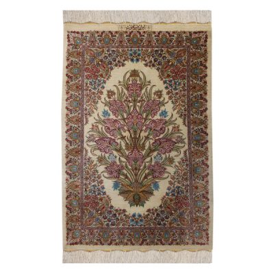 Tapis en soie persan noué à la main brun Qom