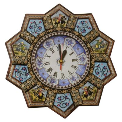 Horloge murale en bois persane artisanale – Art du marqueterie Khatam, Behdad