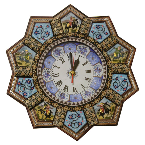 Horloge murale en bois persane artisanale - Art du marqueterie Khatam, Behdad