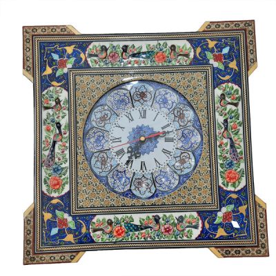Horloge murale en bois persane artisanale – Art du marqueterie Khatam, Oiseaux II