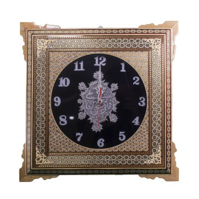 Horloge murale en bois persane artisanale – Art du marqueterie Khatam, Noir