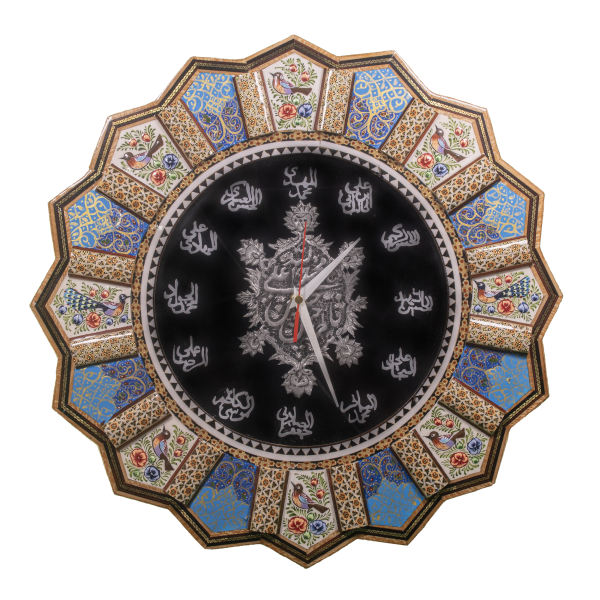 Horloge murale en bois persane artisanale - Art du marqueterie Khatam, Golnaz