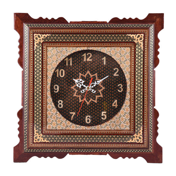 Horloge murale en bois persane artisanale - Art du marqueterie Khatam, Hivana