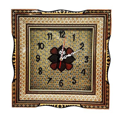 Horloge murale en bois persane artisanale – Art du marqueterie Khatam, Mahan