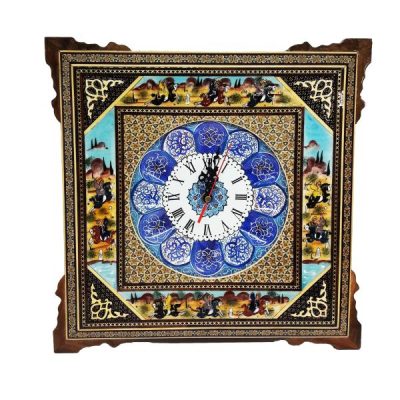 Horloge murale en bois persane artisanale – Art du marqueterie Khatam, Mahsan