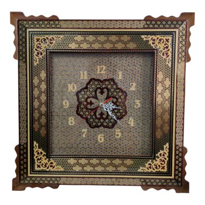 Horloge murale en bois persane artisanale – Art du marqueterie Khatam, Nafis
