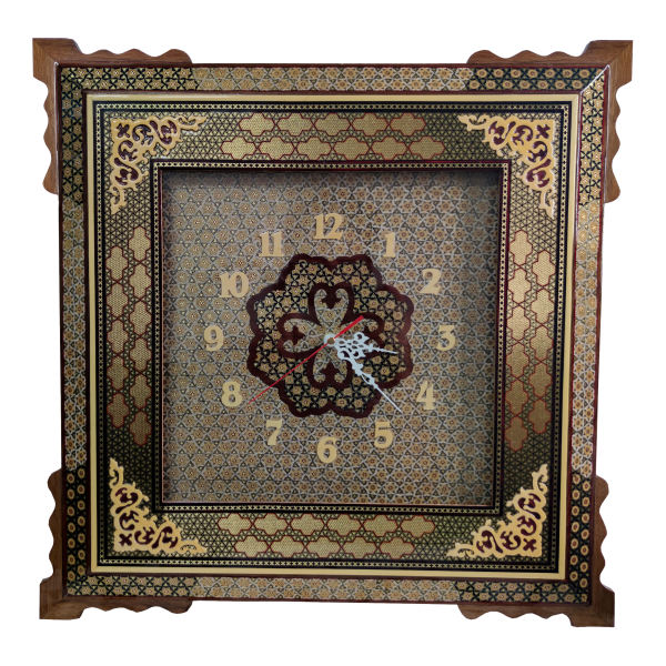 Horloge murale en bois persane artisanale - Art du marqueterie Khatam, Nafis
