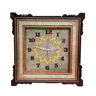 Horloge murale en bois persane artisanale – Art du marqueterie Khatam, Rana