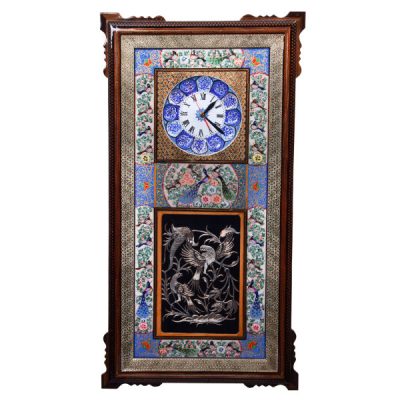 Horloge murale en bois persane artisanale – Art du marqueterie Khatam, Simorgh