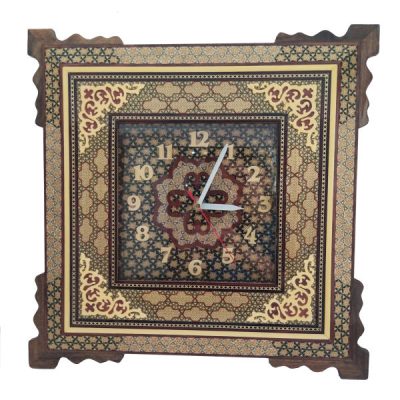 Horloge murale en bois persane artisanale – Art du marqueterie Khatam, Arad