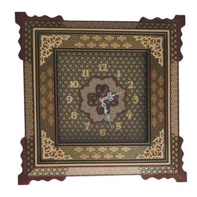Horloge murale en bois persane artisanale – Art du marqueterie Khatam, Ariyan