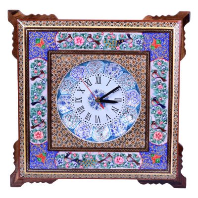 Horloge murale en bois persane artisanale – Art du marqueterie Khatam, Asa