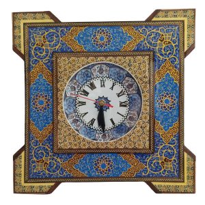 Horloge murale en bois persane artisanale – Art du marqueterie Khatam, Hendesi