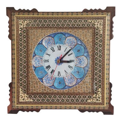 Horloge murale en bois persane artisanale – Art du marqueterie Khatam, Mahla