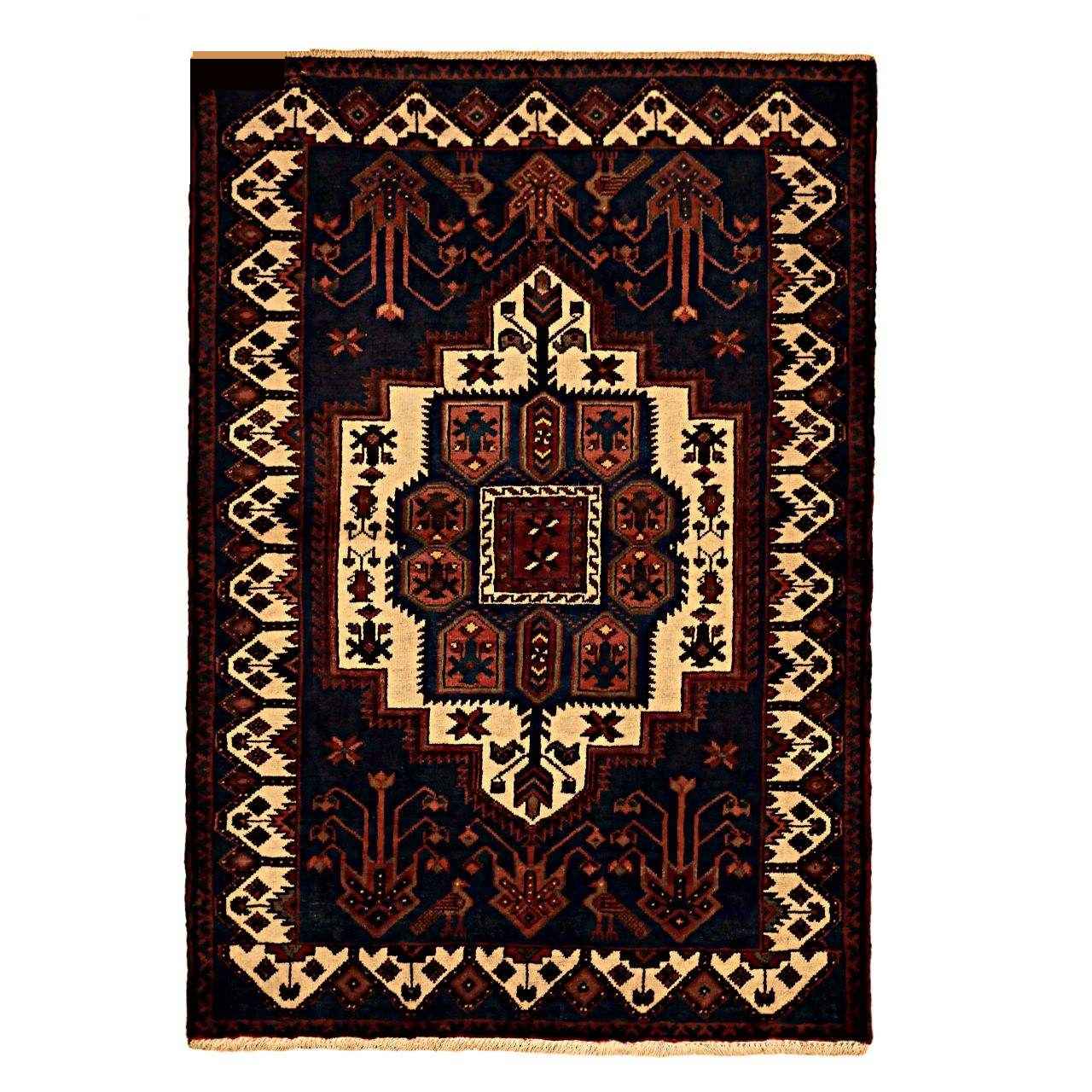 Tapis Persan Fait Main Médaillon Intriqué en Laine Bleu Marine