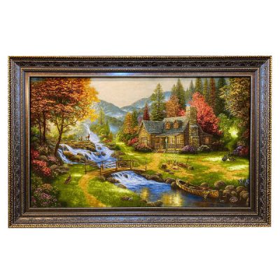 Tapis persan figuratif noué à la main de Tabriz représentant un paysage rural