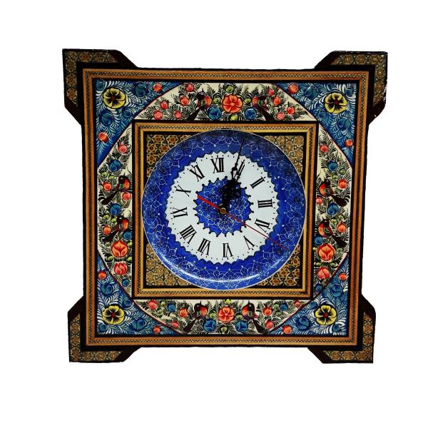 Horloge murale en bois persane artisanale - Art du marqueterie Khatam, Rima
