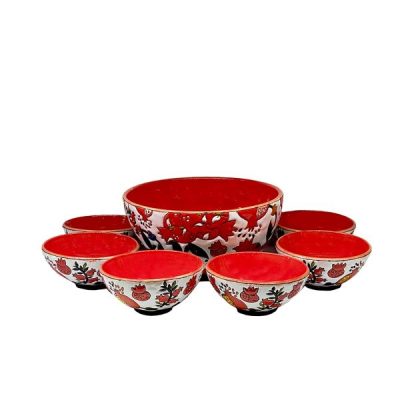 Bol en Poterie Fait Main avec Motif Grenade – Pour Yaourts, Desserts, Salades et Nouilles (Ensemble de 7)