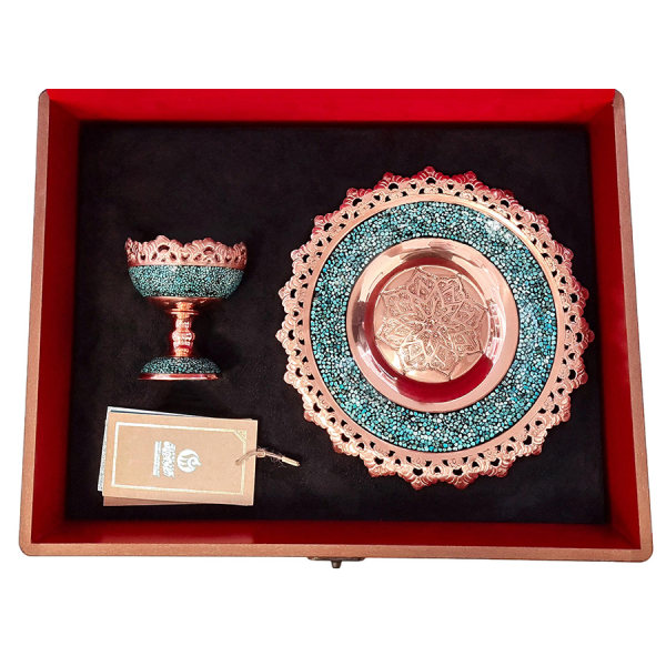 Coffret Cadeau Artisanal Persan – Assiette & Bol Incrustés de Turquoise