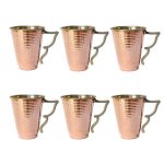 Tasse persane en cuivre – Ensemble de 6 fabriquées à la main avec anse pour boissons froides – Martelées Bahari