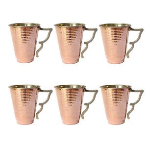 Tasse persane en cuivre – Ensemble de 6 fabriquées à la main avec anse pour boissons froides – Martelées Bahari