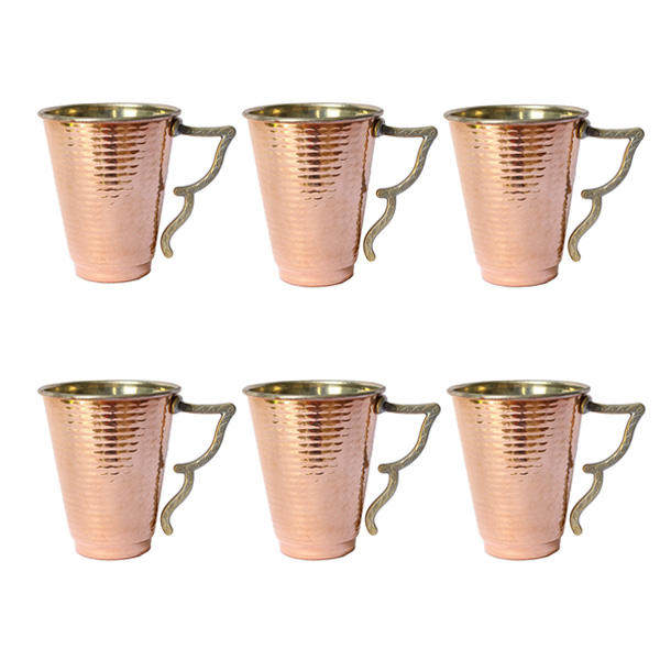 Tasse persane en cuivre - Ensemble de 6 fabriquées à la main avec anse pour boissons froides - Martelées Bahari