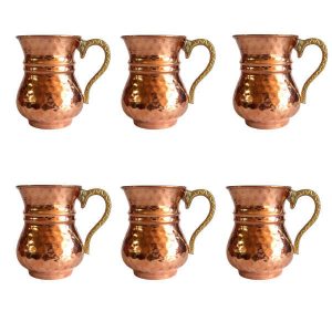 Tasse persane en cuivre – Ensemble de 6 fabriquées à la main avec anse pour boissons froides – Martelées Kara
