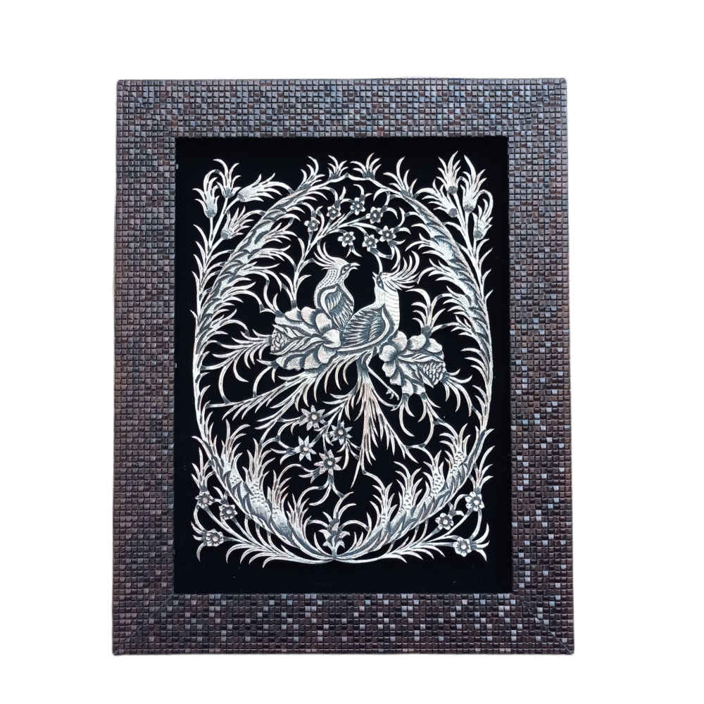 Art en cuivre gravé persan fait à la main encadré - Fleur & Oiseau – Décor mural traditionnel