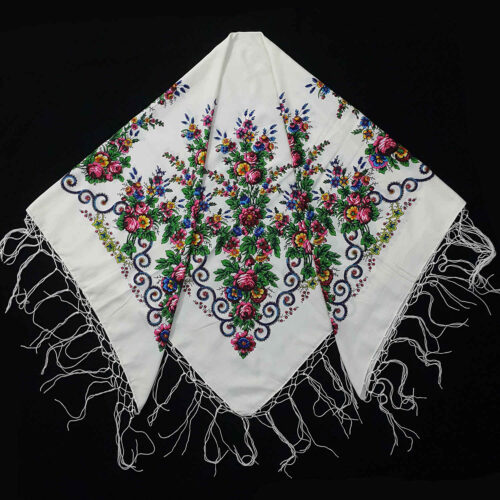 Écharpe Ethnique Turkmène – Élégance et Tradition avec un Motif Floral en Blanc