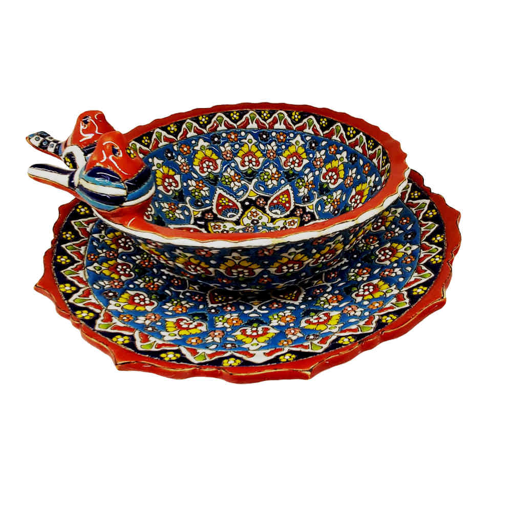 Bol et assiette en céramique Minakari persane fait main modèle Birds