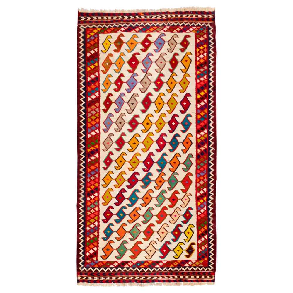 Tapis Kilim en laine persane tissé à la main en Fars Traditionnel Aynaz