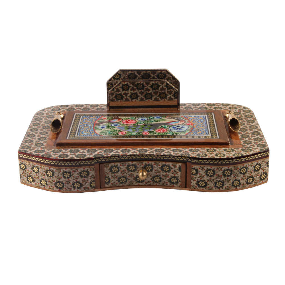 Porte-stylo en bois persan fait main pour bureau - Art Khatamkari Élégance, Paon