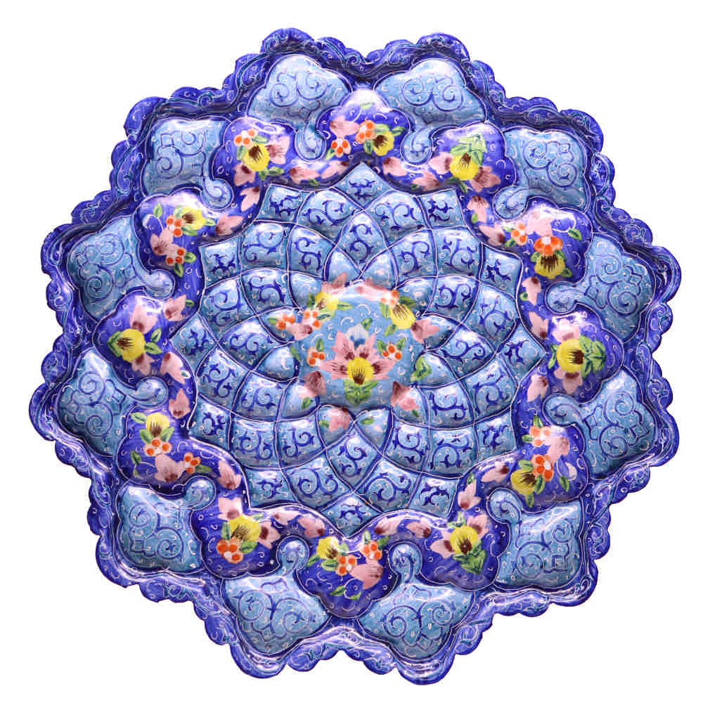 Assiette Décorative en Cuivre Peinte à la Main avec de l'Émail Minakari Persan Atash